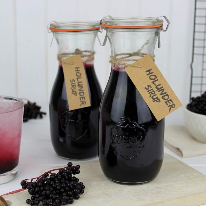 Holunderblütensirup, Flaschen, Getränk, Glas, Beeren
