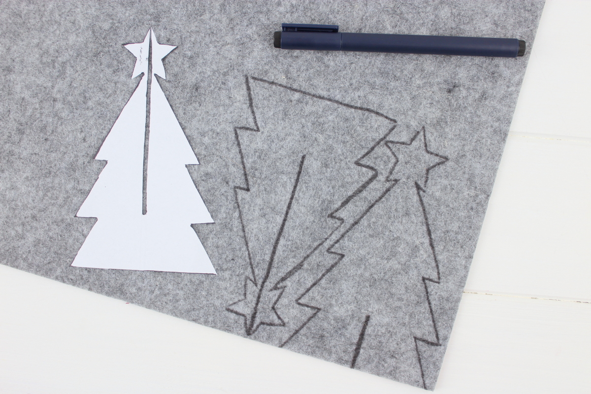 graue selbstgemachte 3D Tannenbäume aus Filz