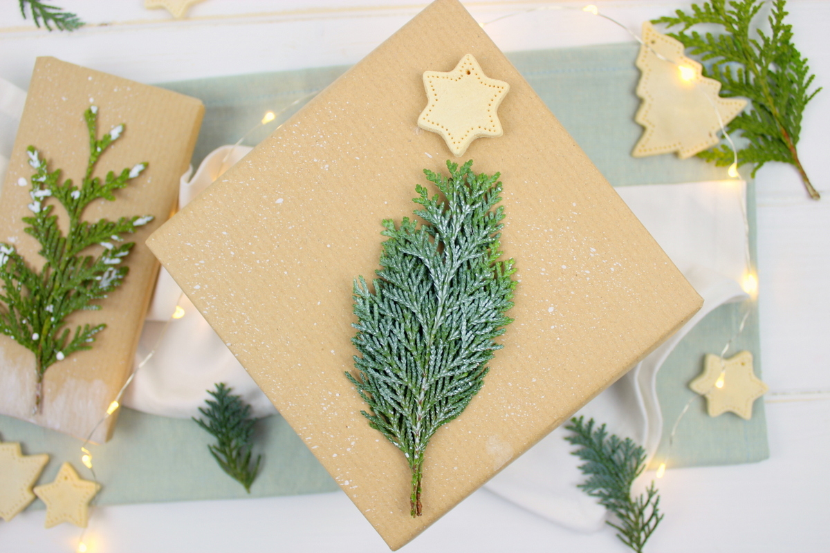 Selbstgemachte Geschenkverpackung zu Weihnachten mit Tanne / Konifere