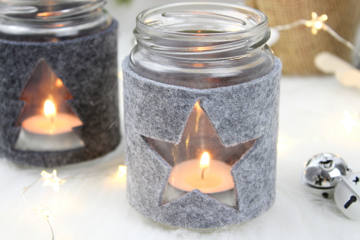 weihnachtliche Windlichter aus Filz und Einmachgläsern