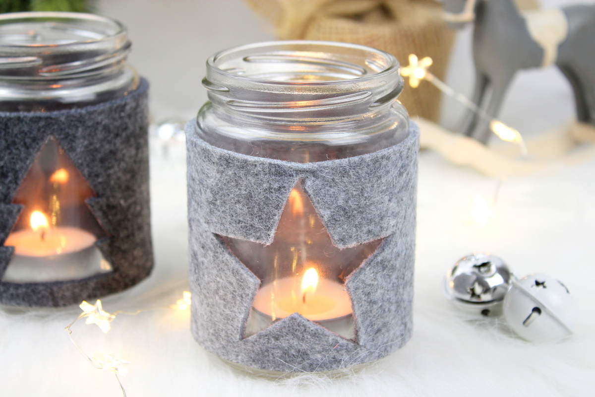 weihnachtliche Windlichter aus Filz und Einmachgläsern