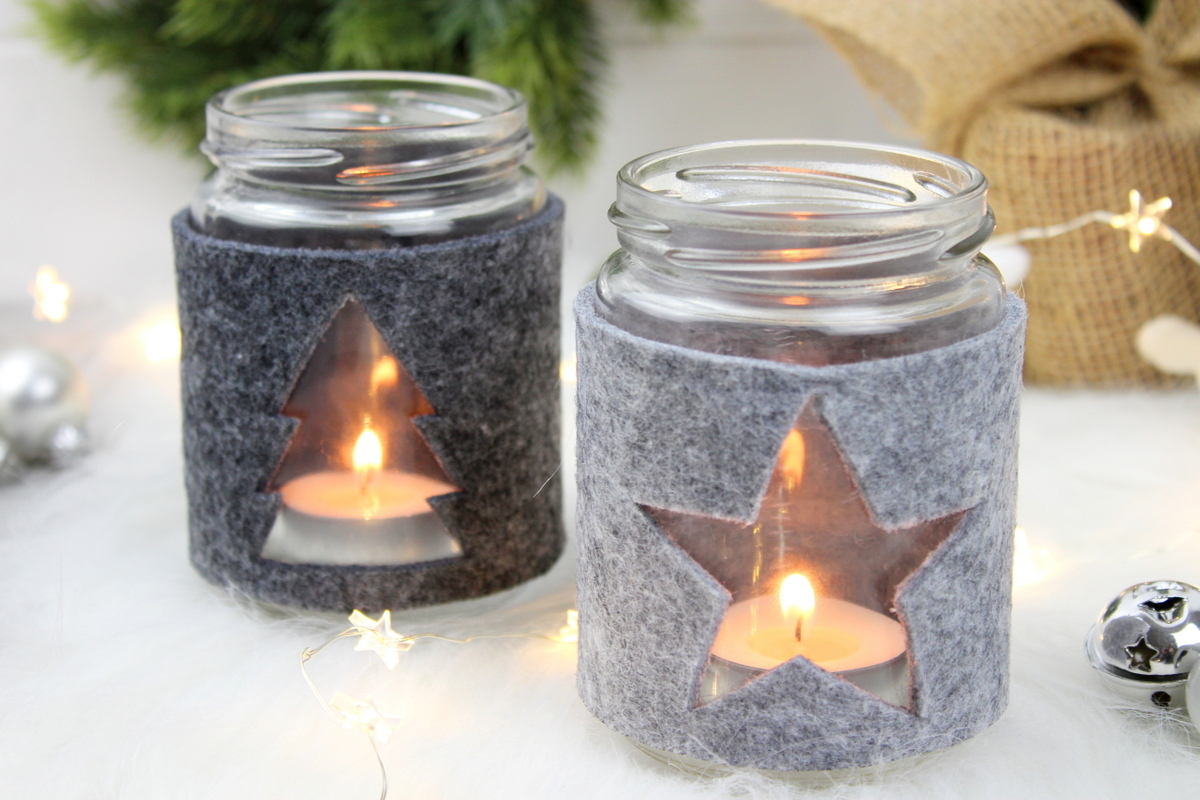 weihnachtliche Windlichter aus Filz und Einmachgläsern