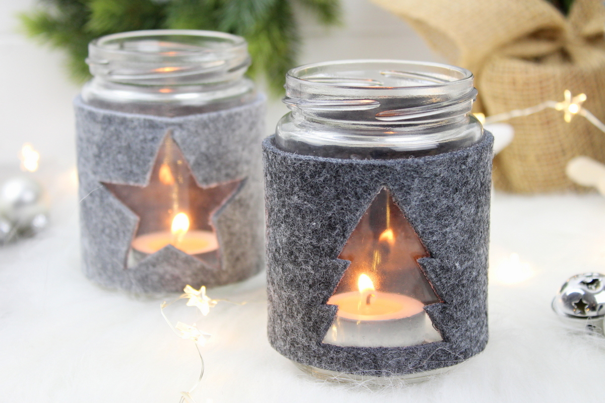weihnachtliche Windlichter aus Filz und Einmachgläsern