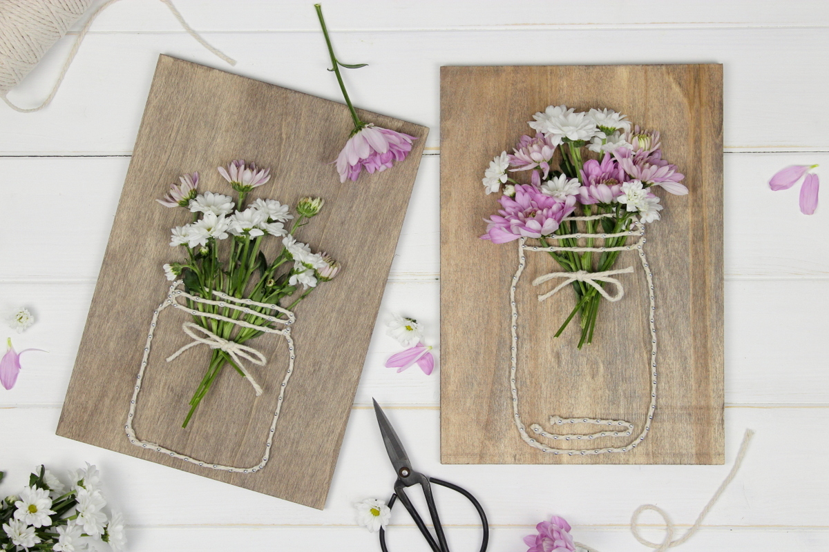 DIY String Art Wandbild Vase mit Blumen