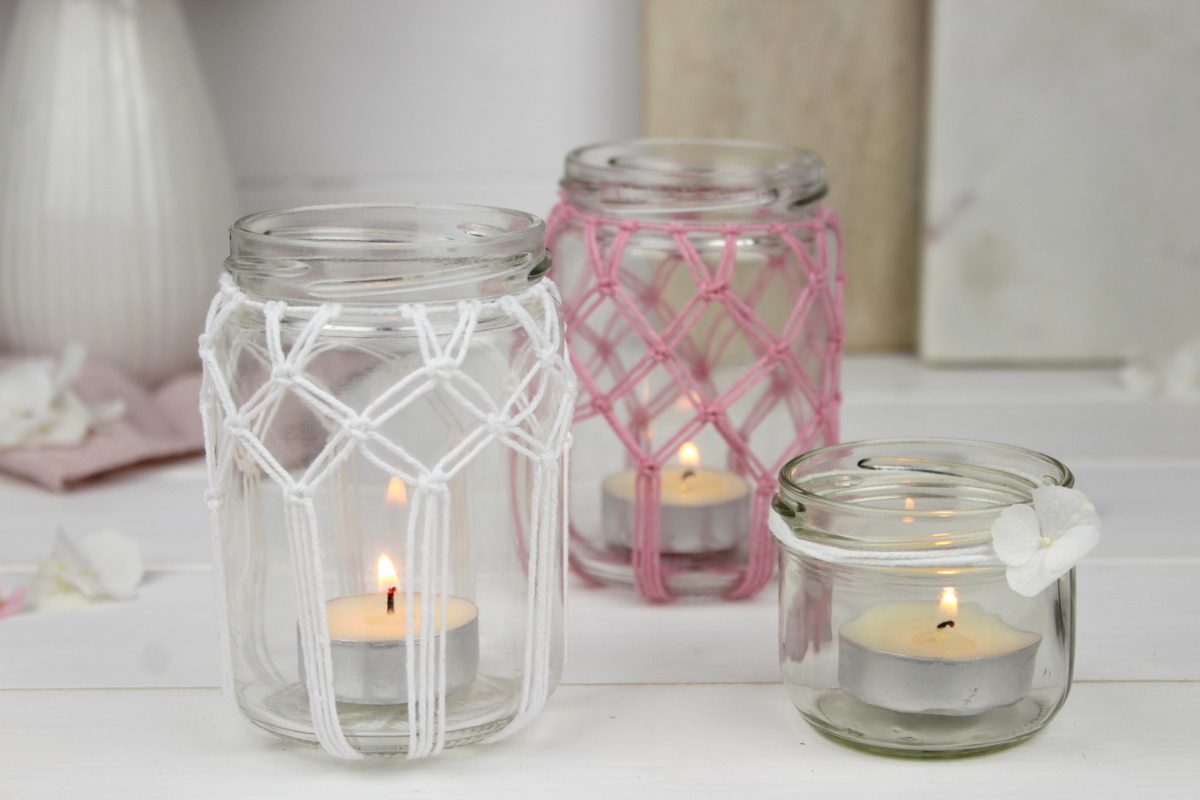 DIY Makramee Windlichter Kreuzknoten knüpfen