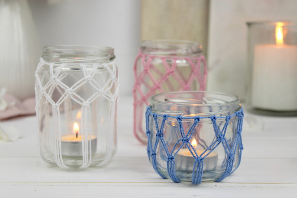 DIY Makramee Windlichter Kreuzknoten knüpfen