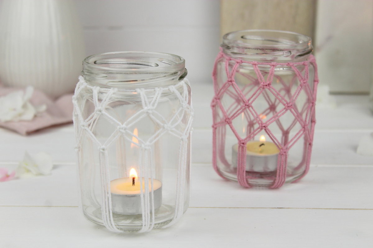 DIY Makramee Windlichter Kreuzknoten knüpfen