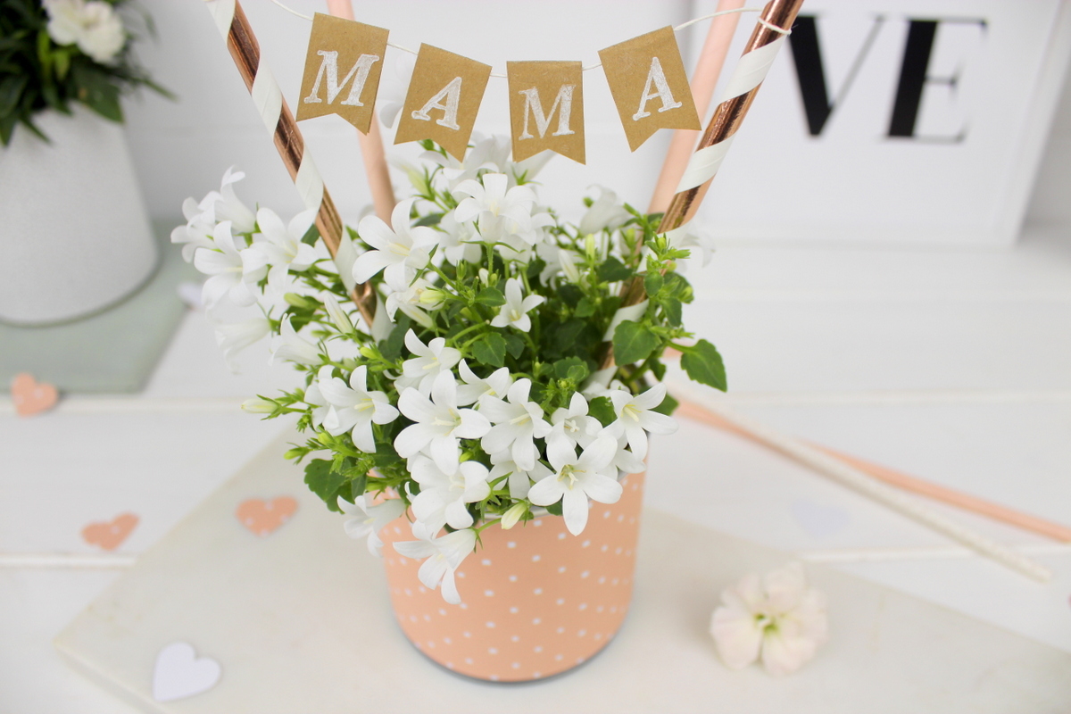 Selbstgemachtes Muttertagsgeschenk Dosen Upcycling mit Blumen und Wimpelgirlande