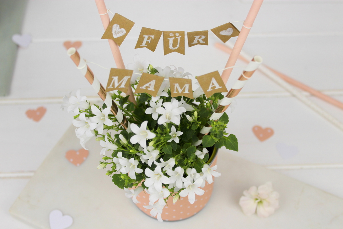 Selbstgemachtes Muttertagsgeschenk Dosen Upcycling mit Blumen und Wimpelgirlande