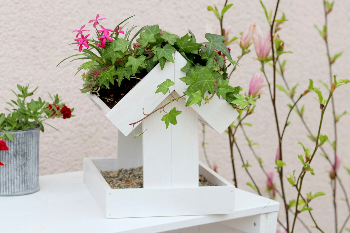 DIY selbstgebautes Vogelhaus mit bepflanztem Dach