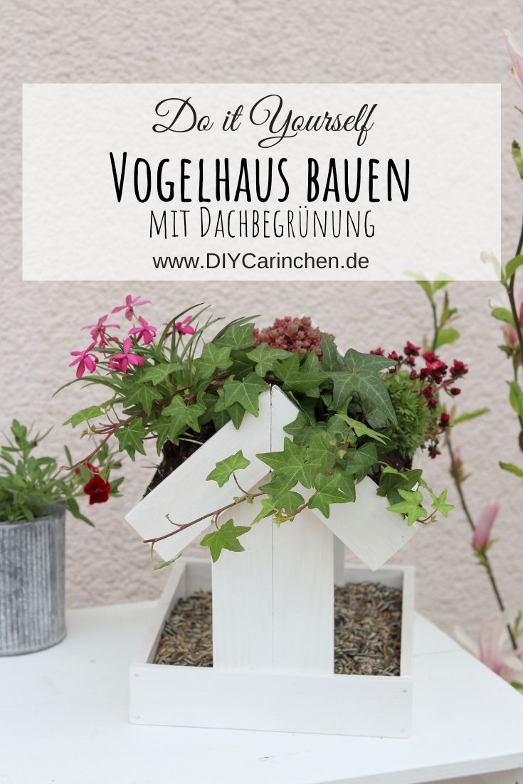DIY selbstgebautes Vogelhaus mit bepflanzten Dach