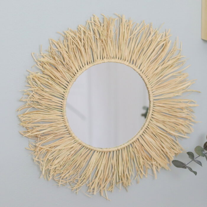 DIY - selbstgemachter runder Spiegel mit Raffia / Bast im Boho-Stil