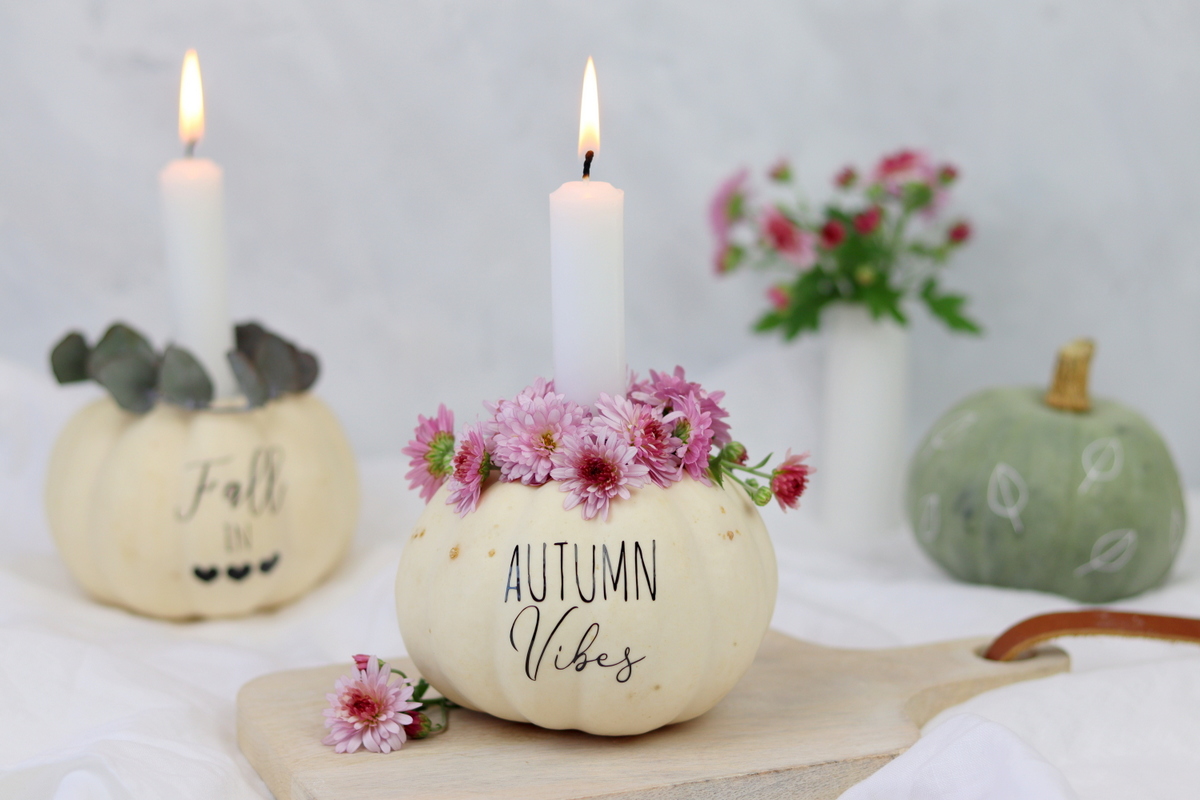 DIY Anleitung - aus einem Kürbis einen Kerzenhalter einfach selber machen und mit dem Plotter und Blumen verzieren