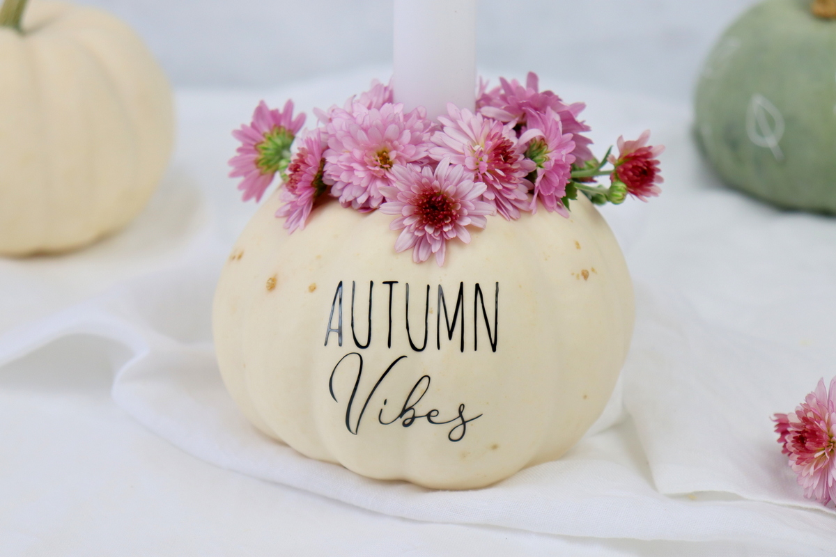 DIY Anleitung - aus einem Kürbis einen Kerzenhalter einfach selber machen und mit dem Plotter und Blumen verzieren