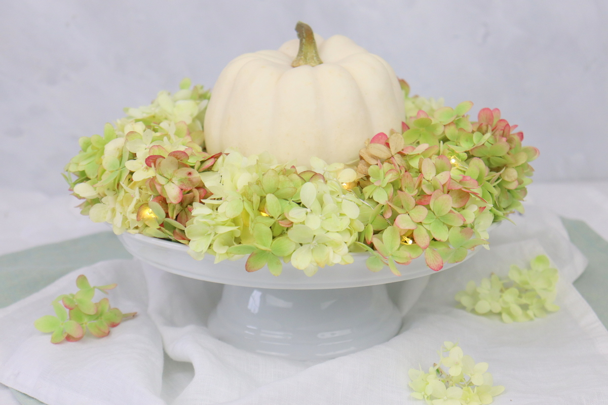DIY Anleitung Blumenkranz aus Hortensie einfach selber machen mit Kürbis als Herbstdeko