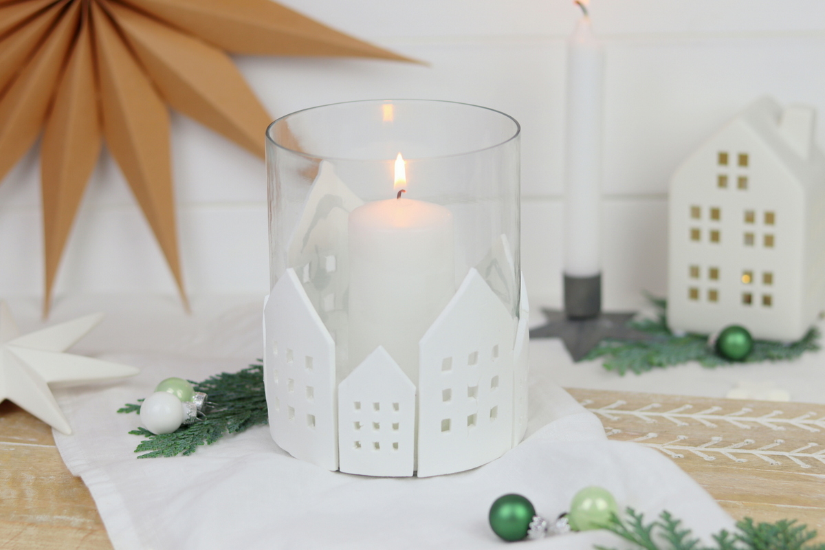 DIY Anleitung - Windlicht mit selbstgemachten Lichthäusern aus Modelliermasse