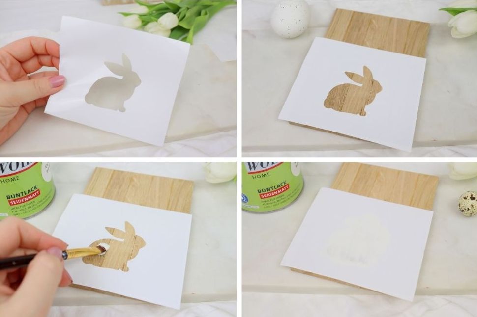 DIY - selbstgemachte Holzschilder zu Ostern aus Klötzchen mit Hasenmotiv