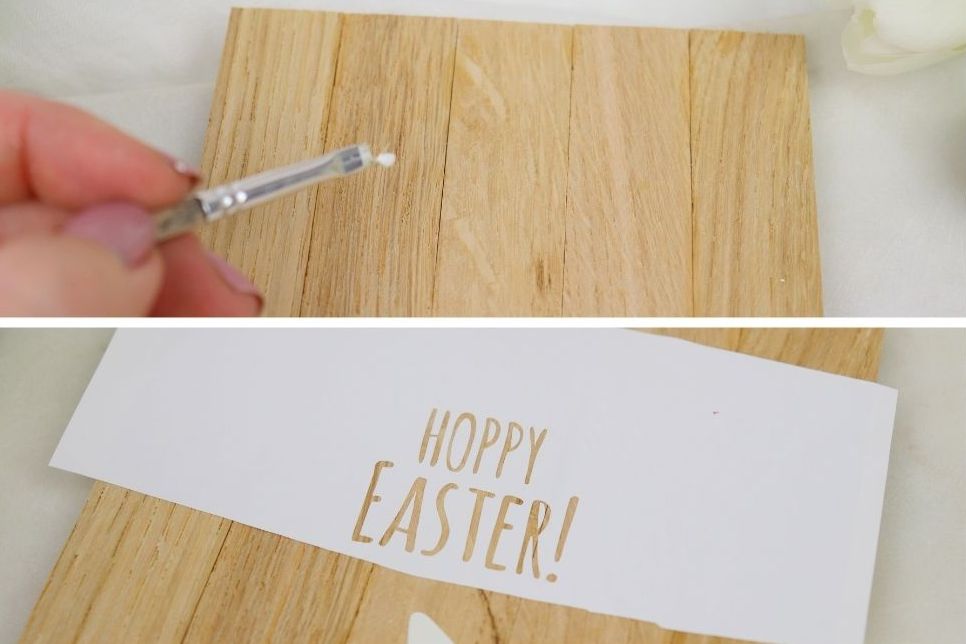 DIY - selbstgemachte Holzschilder zu Ostern aus Klötzchen mit Hasenmotiv