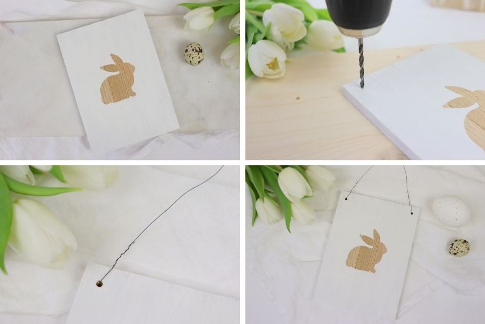 DIY - selbstgemachte Holzschilder zu Ostern aus Klötzchen mit Hasenmotiv