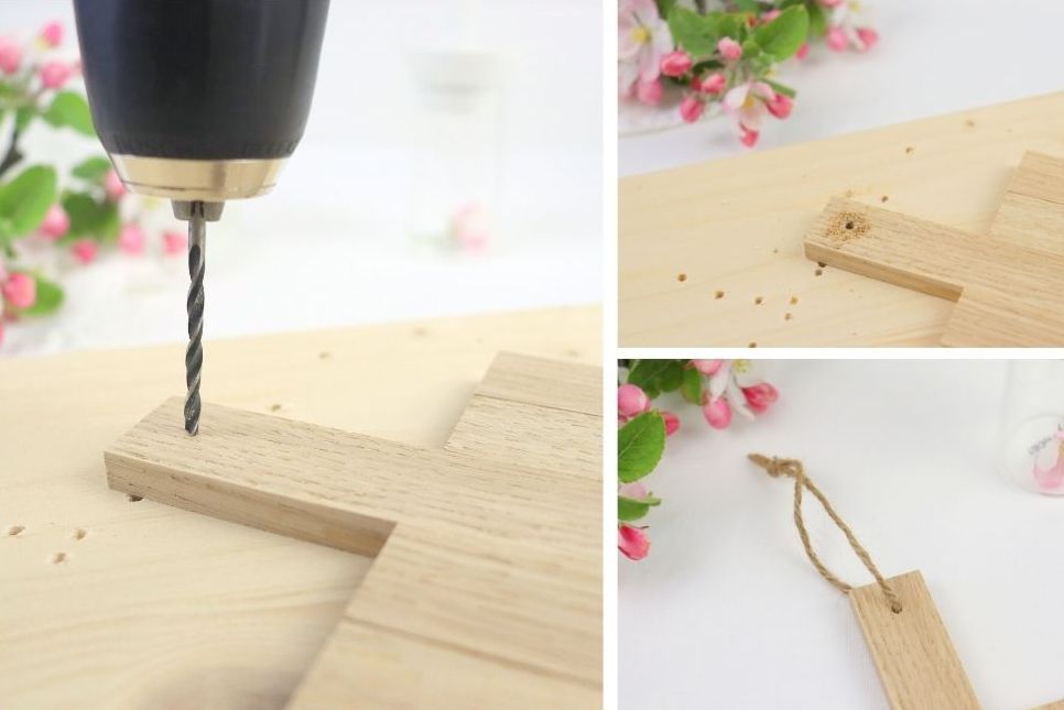 DIY - selbstgemachte Holzbretter aus Holzklötzchen mit einem Herz verziert