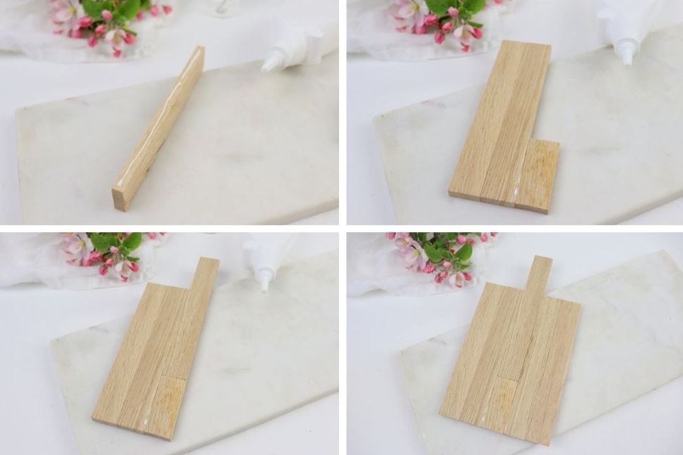 DIY - selbstgemachte Holzbretter aus Holzklötzchen mit einem Herz verziert