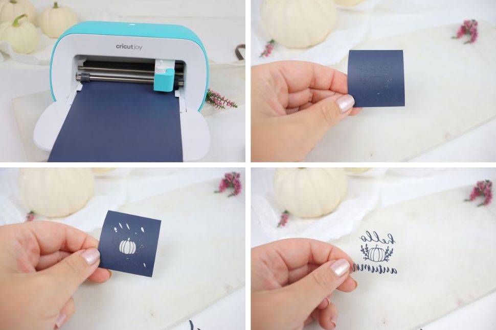 DIY - selbstgemachte Herbst-Schilder mit dem Plotter "hello autumn" für selbstgemachte Kürbisdeko in einem kleinen Topf mit Heidekrautkranz und Baby Boo Kürbis