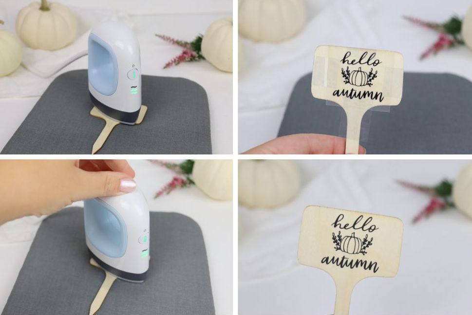 DIY - selbstgemachte Herbst-Schilder mit dem Plotter "hello autumn" für selbstgemachte Kürbisdeko in einem kleinen Topf mit Heidekrautkranz und Baby Boo Kürbis