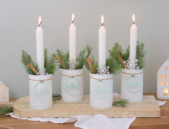 DIY - selbstgemachter Adventskranz aus Dosen / Konservendosen mit Tannengrün und Stabkerzen